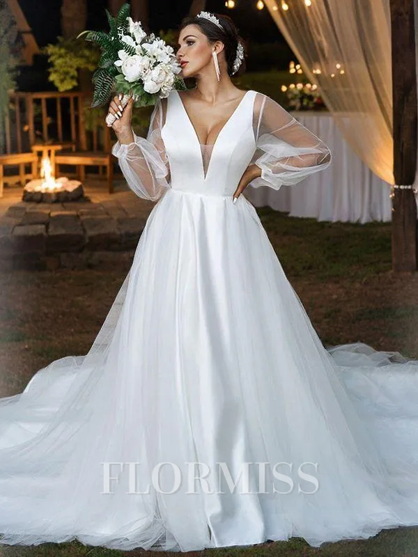 A-Line/Princess Tulle Ruffles V-neck Long Sleeves Court Train Wedding Dresses