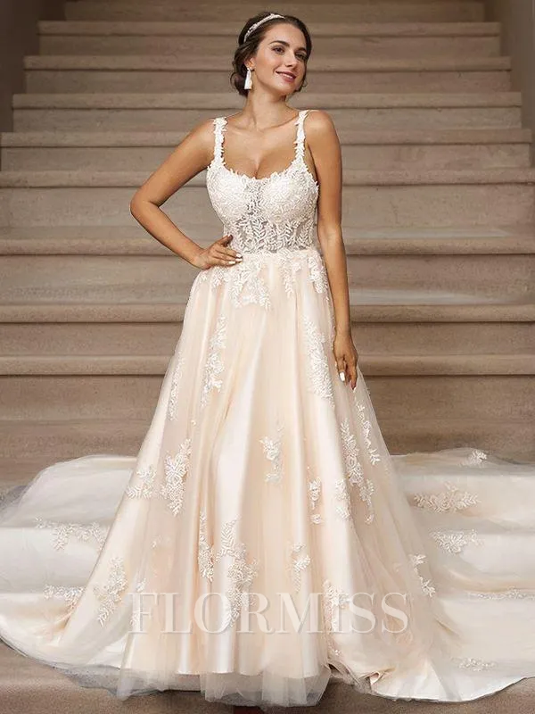 A-Line/Princess Tulle Applique Straps Sleeveless Court Train Wedding Dresses