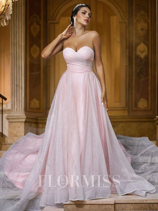 A-Line/Princess Satin Ruffles Sweetheart Sleeveless Sweep Train Wedding Dresses