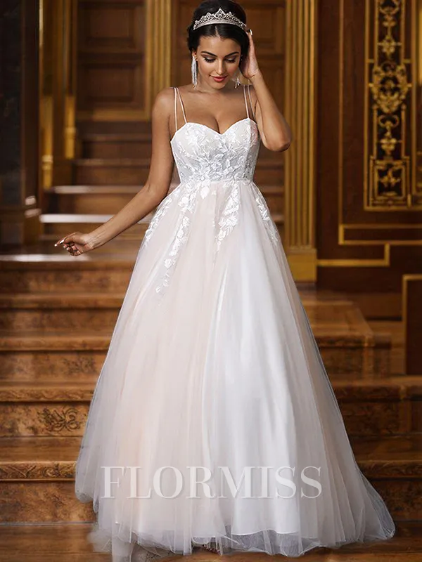 A-Line/Princess Tulle Applique Sweetheart Sleeveless Sweep Train Wedding Dresses