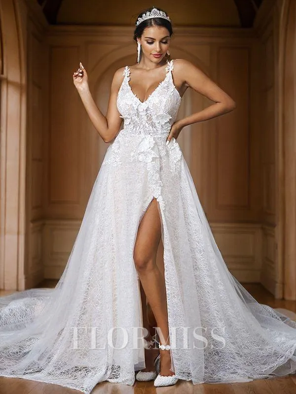 A-Line/Princess Lace Applique V-neck Sleeveless Sweep Train Wedding Dresses