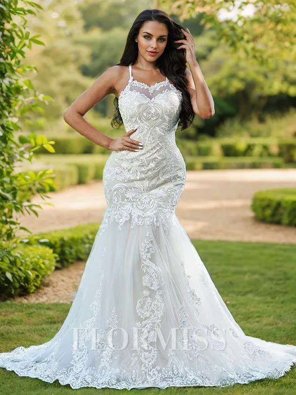Trumpet/Mermaid Lace Ruffles Spaghetti Straps Sleeveless Sweep Train Wedding Dresses