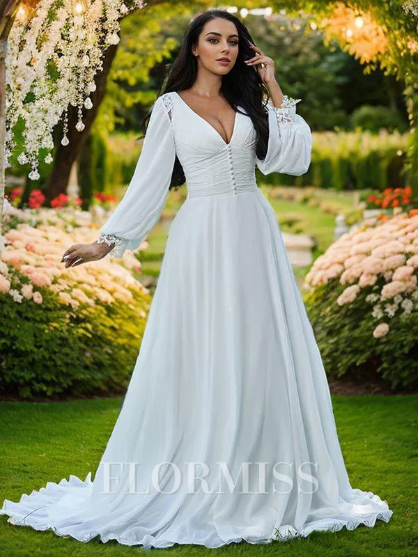 A-Line/Princess Chiffon Ruffles V-neck Long Sleeves Sweep Train Wedding Dresses