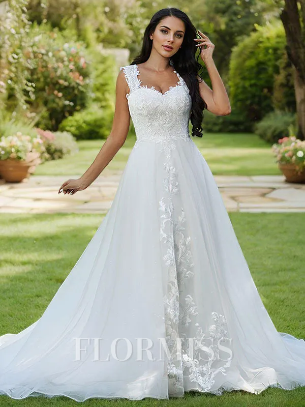 A-Line/Princess Lace Applique Sweetheart Sleeveless Sweep Train Wedding Dresses