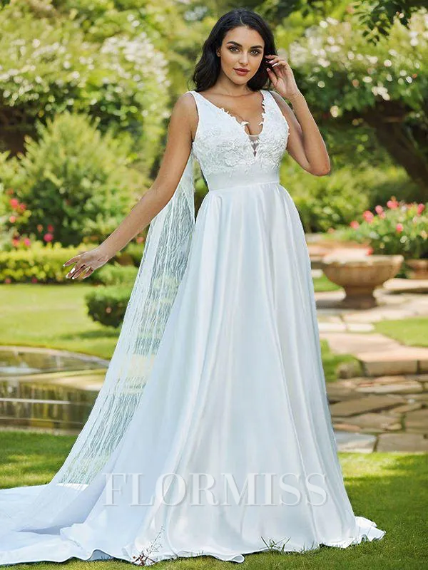 A-Line/Princess Satin Applique V-neck Sleeveless Sweep Train Wedding Dresses