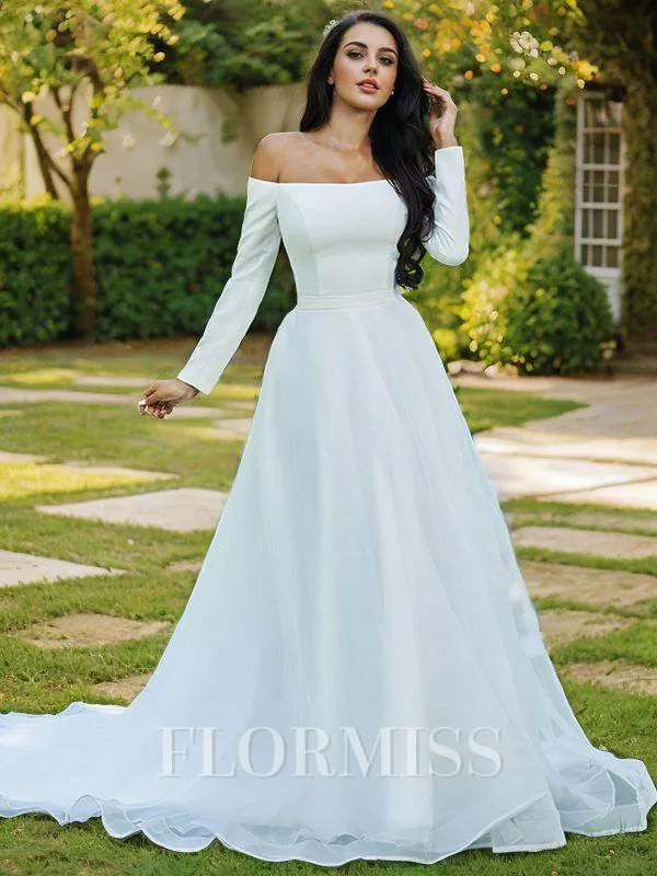 A-Line/Princess Tulle Ruffles Off-the-Shoulder Long Sleeves Sweep Train Wedding Dresses