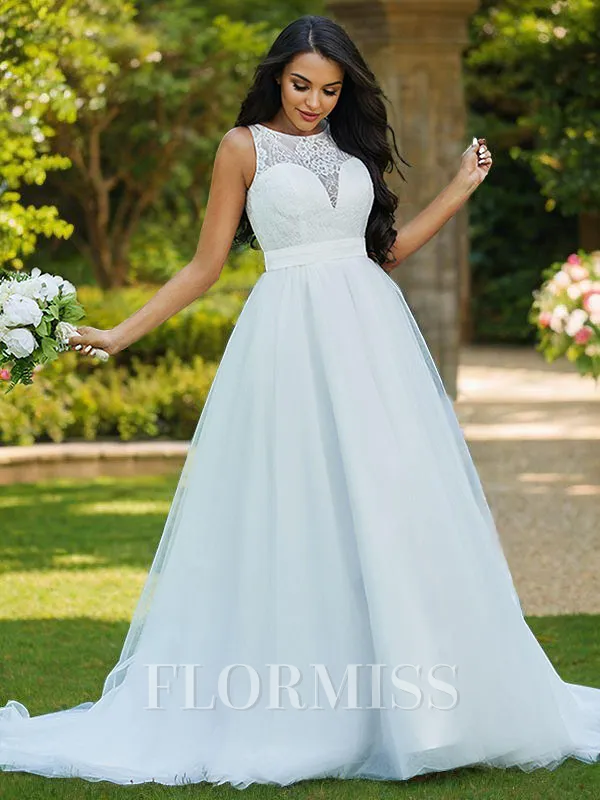 A-Line/Princess Tulle Lace Scoop Sleeveless Sweep Train Wedding Dresses