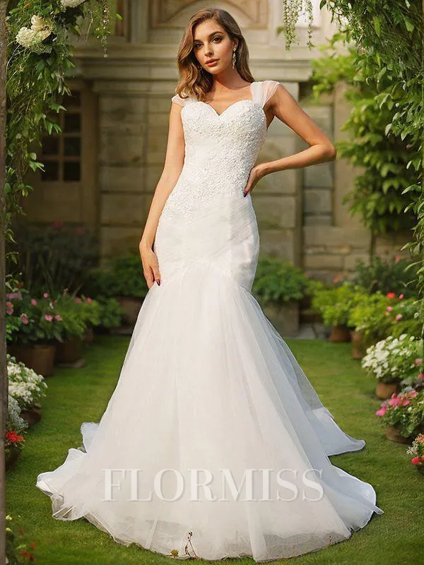 Trumpet/Mermaid Tulle Applique Sweetheart Sleeveless Sweep Train Wedding Dresses