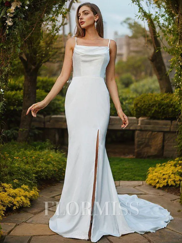 Sheath/Column Charmeuse Ruched Spaghetti Straps Sleeveless Sweep Train Wedding Dresses