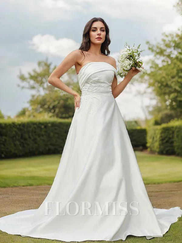 A-Line/Princess Satin Ruched Strapless Sleeveless Sweep Train Wedding Dresses
