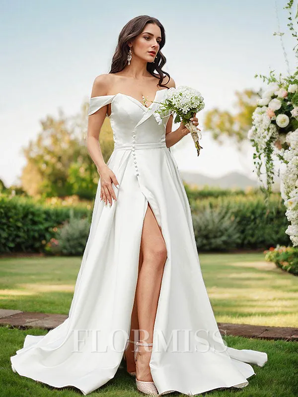 A-Line/Princess Satin Ruched Off-the-Shoulder Sleeveless Sweep Train Wedding Dresses
