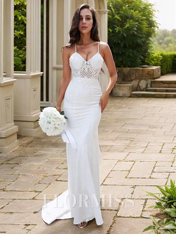 Sheath/Column Stretch Crepe Lace V-neck Sleeveless Sweep Train Wedding Dresses