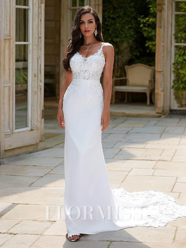 Sheath/Column Stretch Crepe Lace V-neck Sleeveless Sweep Train Wedding Dresses