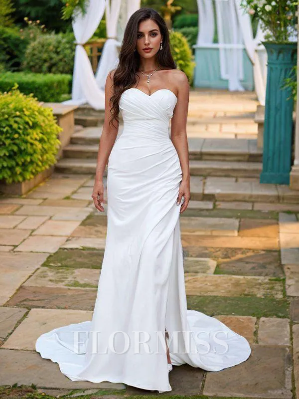 Sheath/Column Stretch Crepe Ruched Sweetheart Sleeveless Sweep Train Wedding Dresses