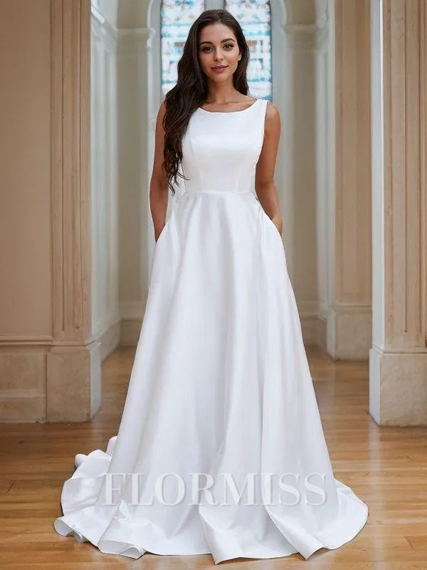 A-Line/Princess Satin Ruffles Scoop Sleeveless Sweep Train Wedding Dresses