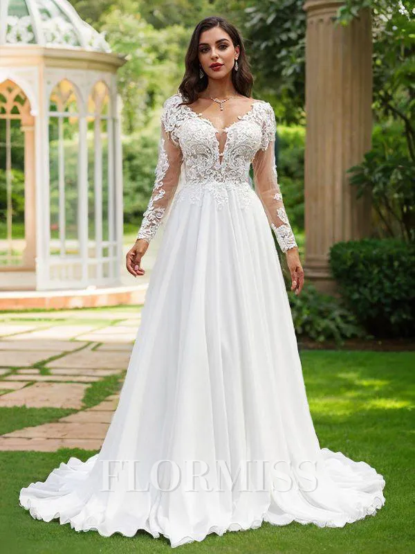 A-Line/Princess Chiffon Applique V-neck Long Sleeves Sweep Train Wedding Dresses