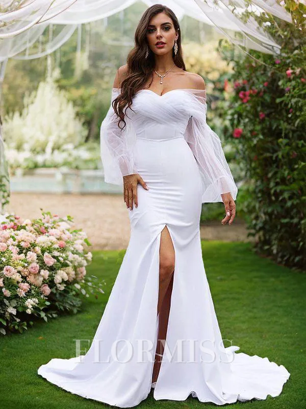 Sheath/Column Stretch Crepe Ruched Off-the-Shoulder Long Sleeves Sweep Train Wedding Dresses