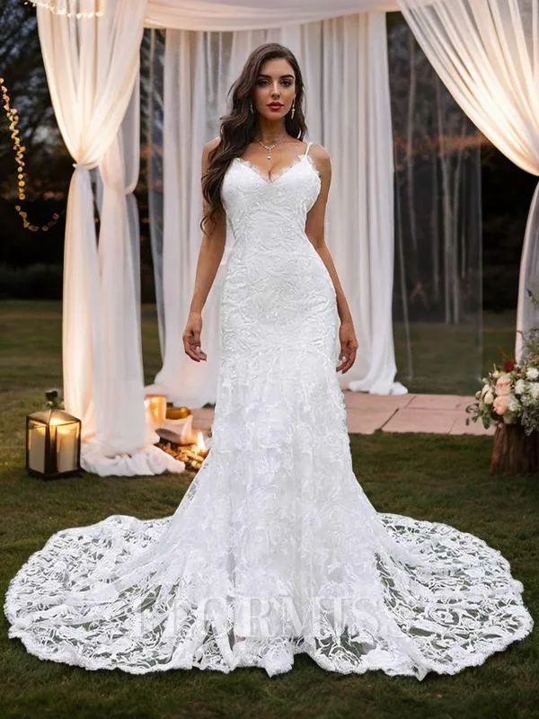 Sheath/Column Lace  V-neck Sleeveless Sweep Train Wedding Dresses