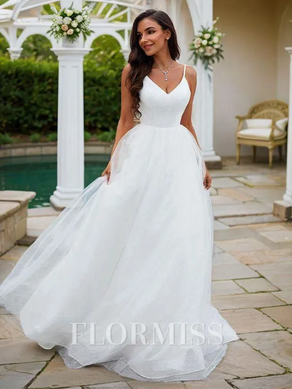 A-Line/Princess Ruffles V-neck Sleeveless Sweep Train Wedding Dresses