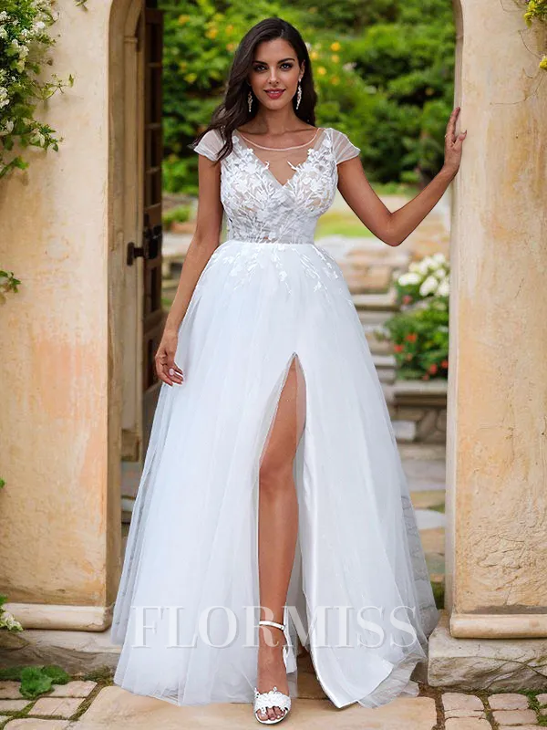 A-Line/Princess Lace Applique Scoop Short Sleeves Sweep Train Wedding Dresses