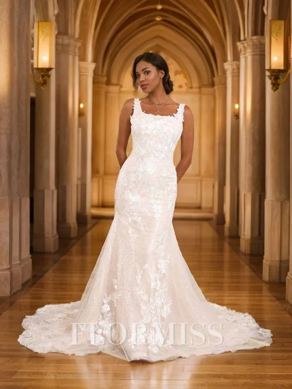 Sheath/Column Lace Applique Straps Sleeveless Sweep Train Wedding Dresses