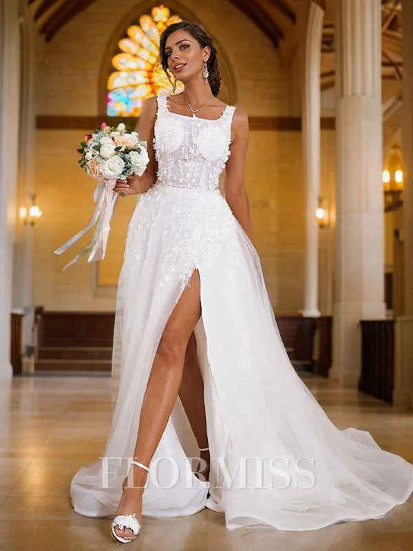 A-Line/Princess Organza Applique Straps Sleeveless Sweep Train Wedding Dresses