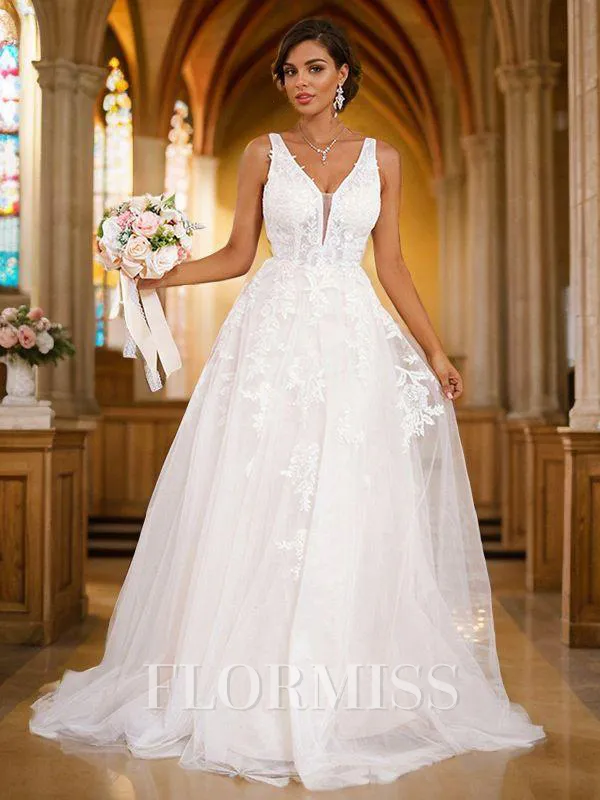 A-Line/Princess Lace Applique V-neck Sleeveless Sweep Train Wedding Dresses