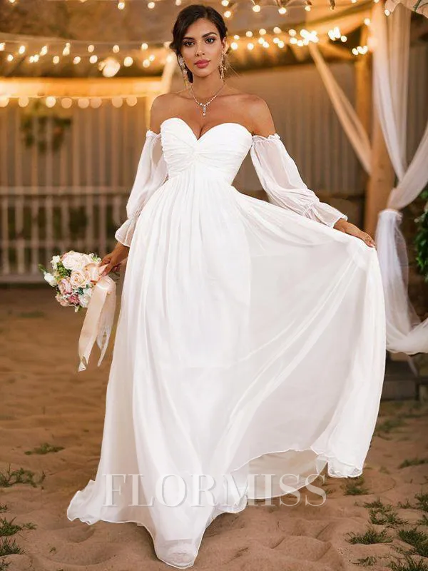 A-Line/Princess 30D Chiffon Ruched Off-the-Shoulder Long Sleeves Sweep Train Wedding Dresses