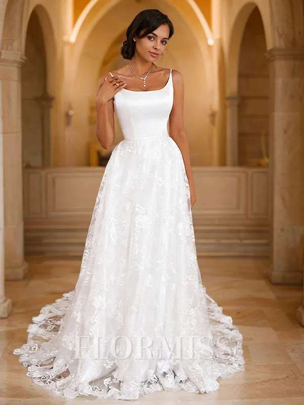 A-Line/Princess Lace Applique Spaghetti Straps Sleeveless Sweep Train Wedding Dresses
