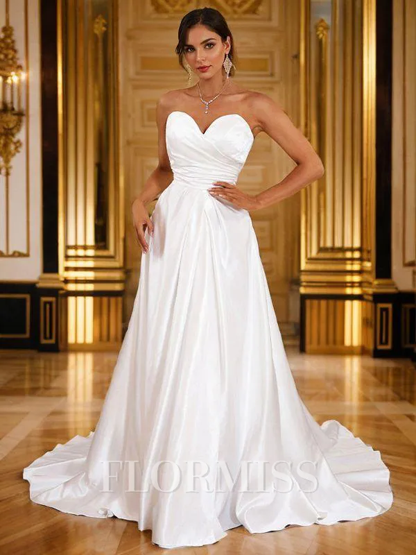 A-Line/Princess Satin Ruched Sweetheart Sleeveless Sweep Train Wedding Dresses