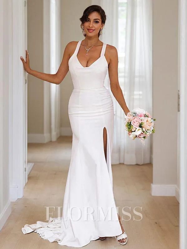 Sheath/Column Stretch Crepe Bowknot V-neck Sleeveless Sweep Train Wedding Dresses