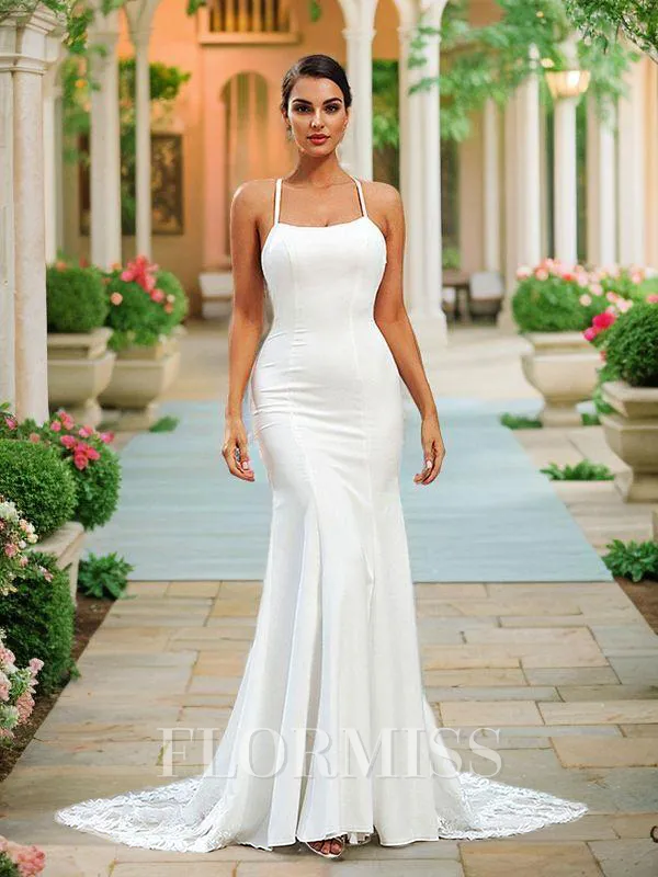 Sheath/Column Stretch Crepe Lace Spaghetti Straps Sleeveless Sweep Train Wedding Dresses