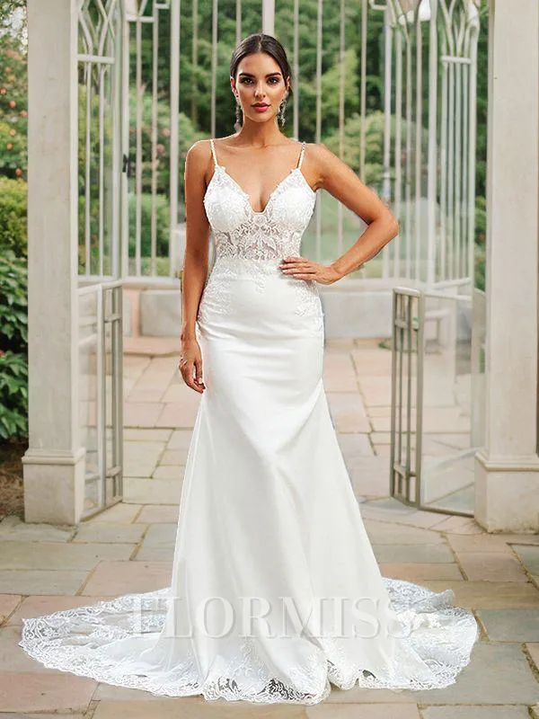 Sheath/Column Lace V-neck Sleeveless Sweep Train Wedding Dresses