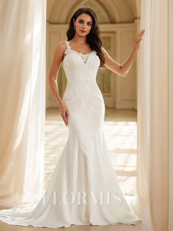 Sheath/Column Stretch Crepe Lace Straps Sleeveless Court Train Wedding Dresses