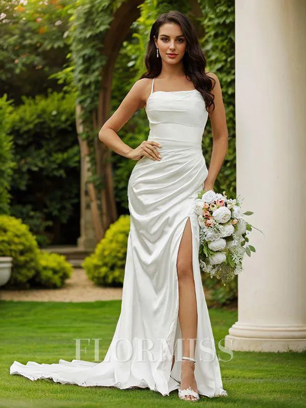 Sheath/Column Ruched Spaghetti Straps Sleeveless Court Train Wedding Dresses