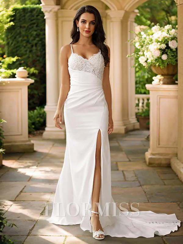 Sheath/Column Stretch Crepe Lace V-neck Sleeveless Sweep Train Wedding Dresses