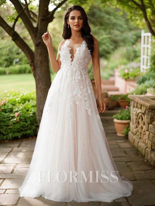A-Line/Princess Tulle Applique Scoop Sleeveless Sweep Train Wedding Dresses