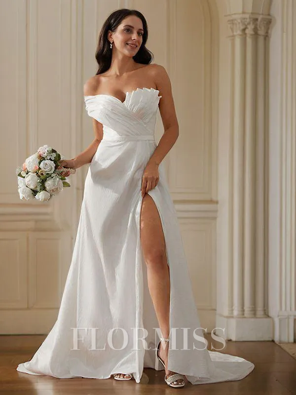A-Line/Princess Ruched One-Shoulder Sleeveless Sweep Train Wedding Dresses