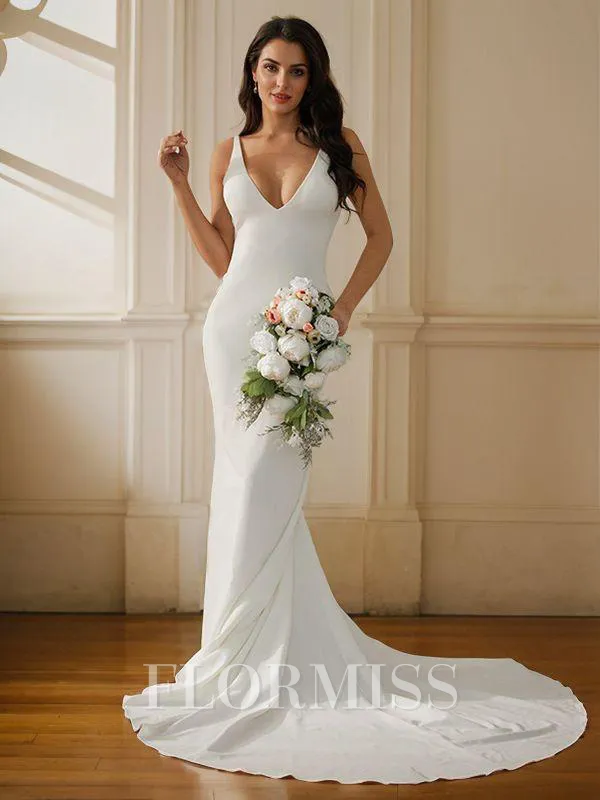 Sheath/Column Stretch Crepe V-neck Sleeveless Court Train Wedding Dresses