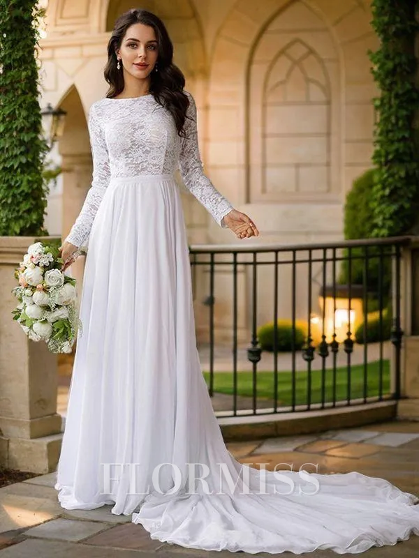 A-Line/Princess Chiffon Lace Scoop Long Sleeves Court Train Wedding Dresses