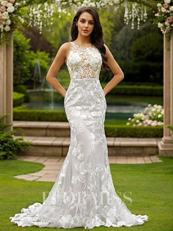 Sheath/Column Lace Scoop Sleeveless Sweep Train Wedding Dresses
