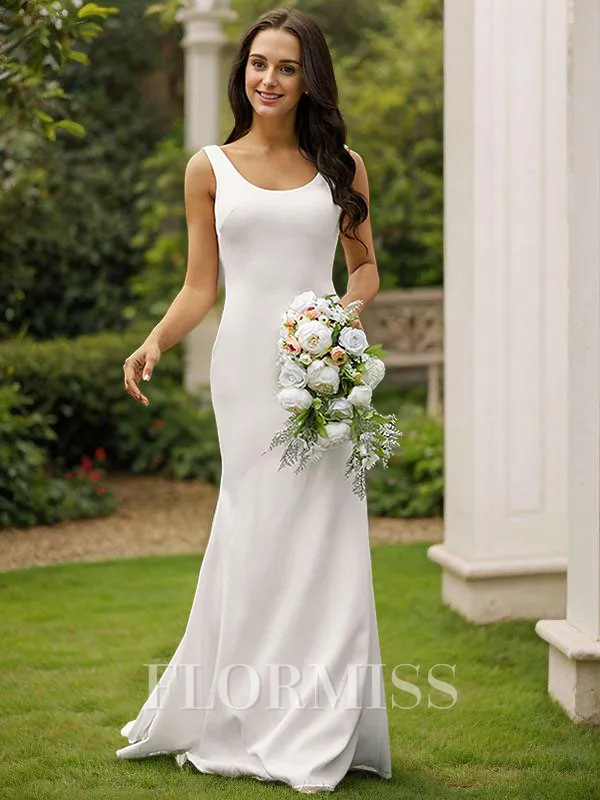 Sheath/Column Stretch Crepe Bowknot Straps Sleeveless Sweep Train Wedding Dresses