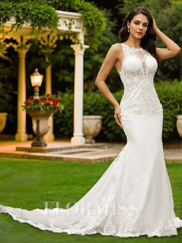 Sheath/Column Stretch Crepe Lace Scoop Sleeveless Court Train Wedding Dresses