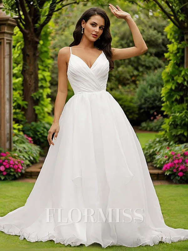 Ball-Gown Satin Ruffles V-neck Sleeveless Sweep Train Wedding Dresses