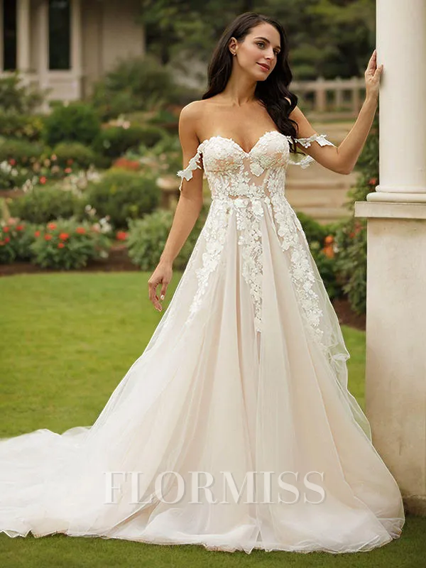 A-Line/Princess Tulle Applique Off-the-Shoulder Sleeveless Chapel Train Wedding Dresses