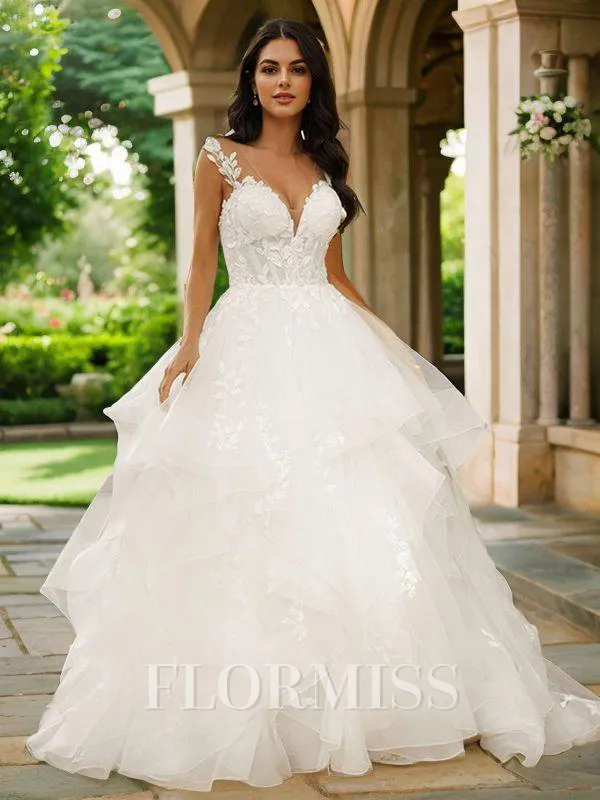 Ball-Gown Tulle Applique V-neck Sleeveless Court Train Wedding Dresses