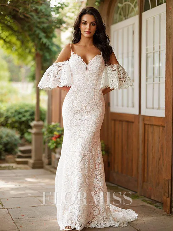 Sheath/Column Lace V-neck Short Sleeves Sweep Train Wedding Dresses