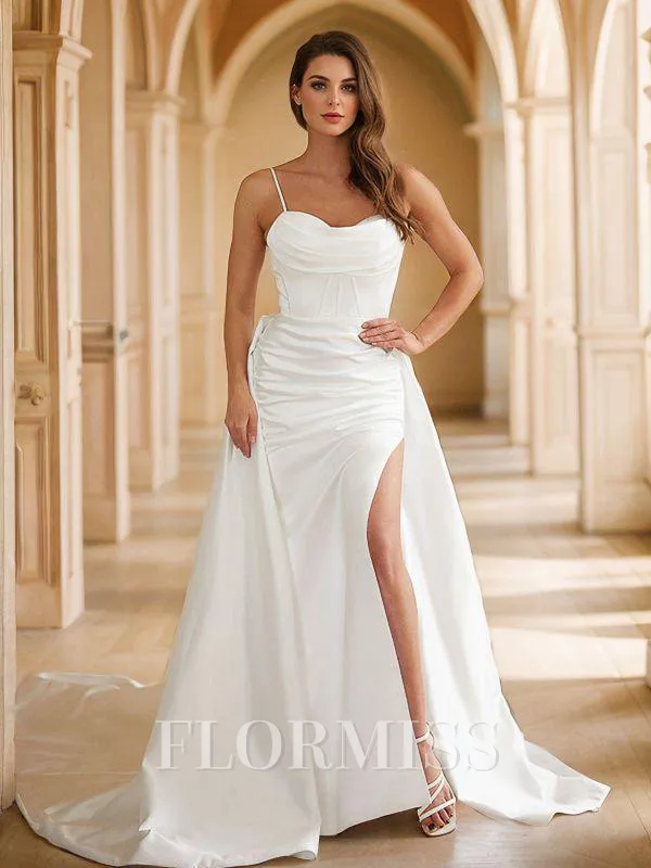Sheath/Column Charmeuse Ruched Spaghetti Straps Sleeveless Court Train Wedding Dresses