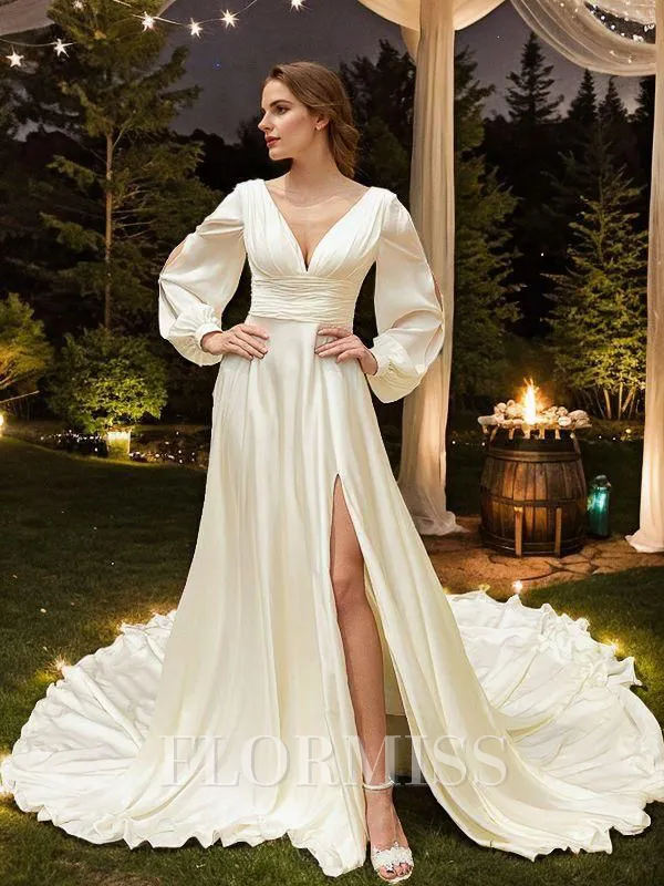 A-Line/Princess Satin Chiffon Ruched V-neck Long Sleeves Cathedral Train Wedding Dresses