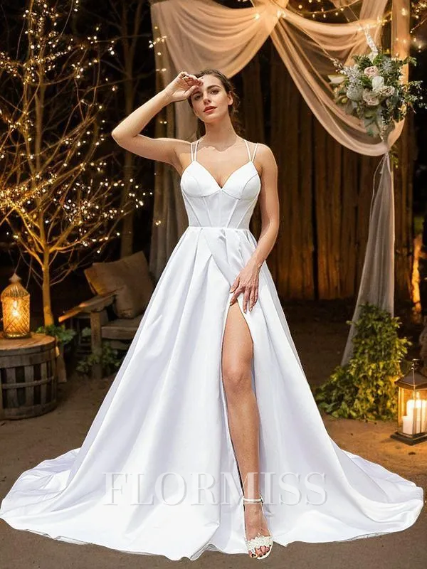 A-Line/Princess Satin Ruffles V-neck Sleeveless Court Train Wedding Dresses